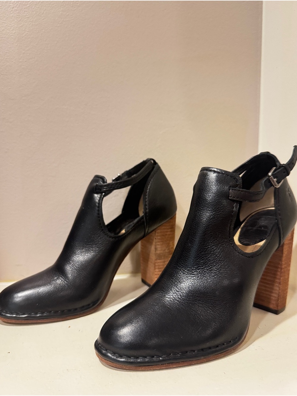 Black Leather Frye Block Heel Pumps with Cutout and Ankle Strap - Picture 2 of 5